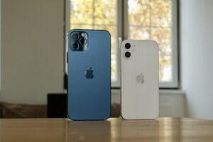 Blå og hvid iPhone 12 Max og Mini